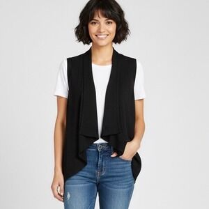 Ming‎ Wang Open Front Textured Cardigan Vest Women Small Black Lagenlook Minimal